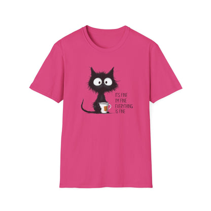 It’s Fine I’m Fine Everything Is Fine Cat Shirt – Funny Black Cat Coffee T-Shirt, Anxious Cat Graphic Tee, Relatable Humor Gift