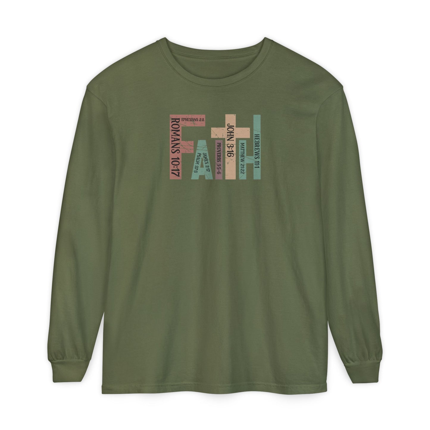 Faith Cross Long Sleeve Tee — Christian Scripture Romans 10:17 Shirt
