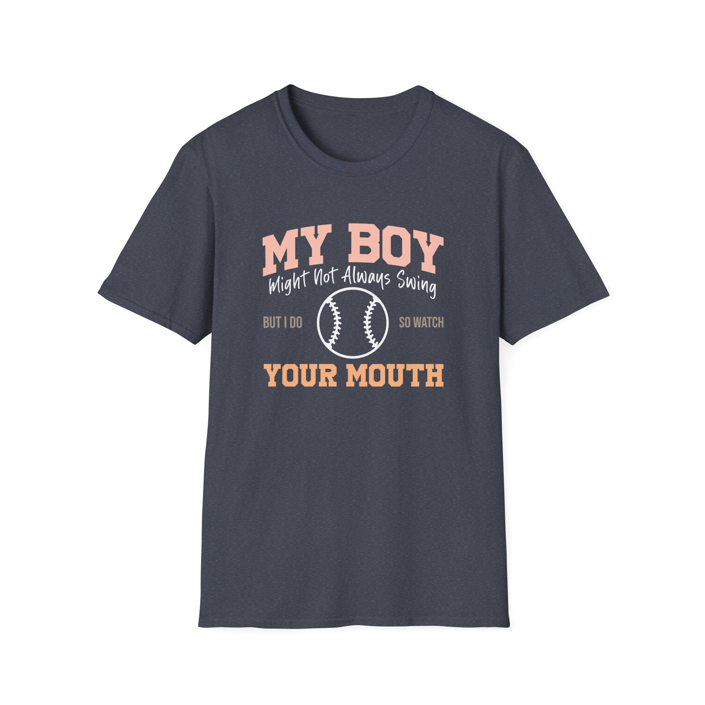 Funny Baseball Mom Shirt – “My Boy Might Not Always Swing” Graphic Tee | Sports Mom T-Shirt | Baseball Season Gift | Proud Boy Mom Tee