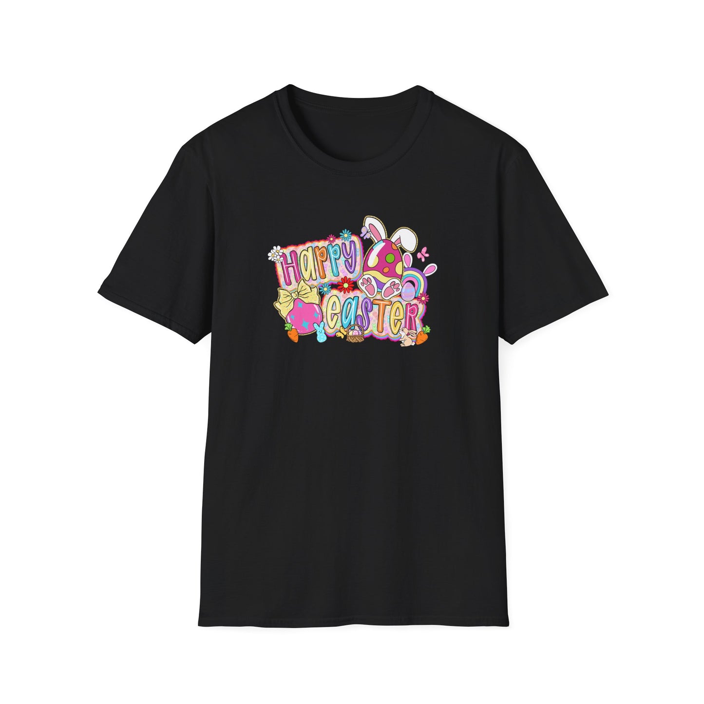 Happy Easter Graphic T-Shirt — Colorful Bunny & Eggs Spring Tee