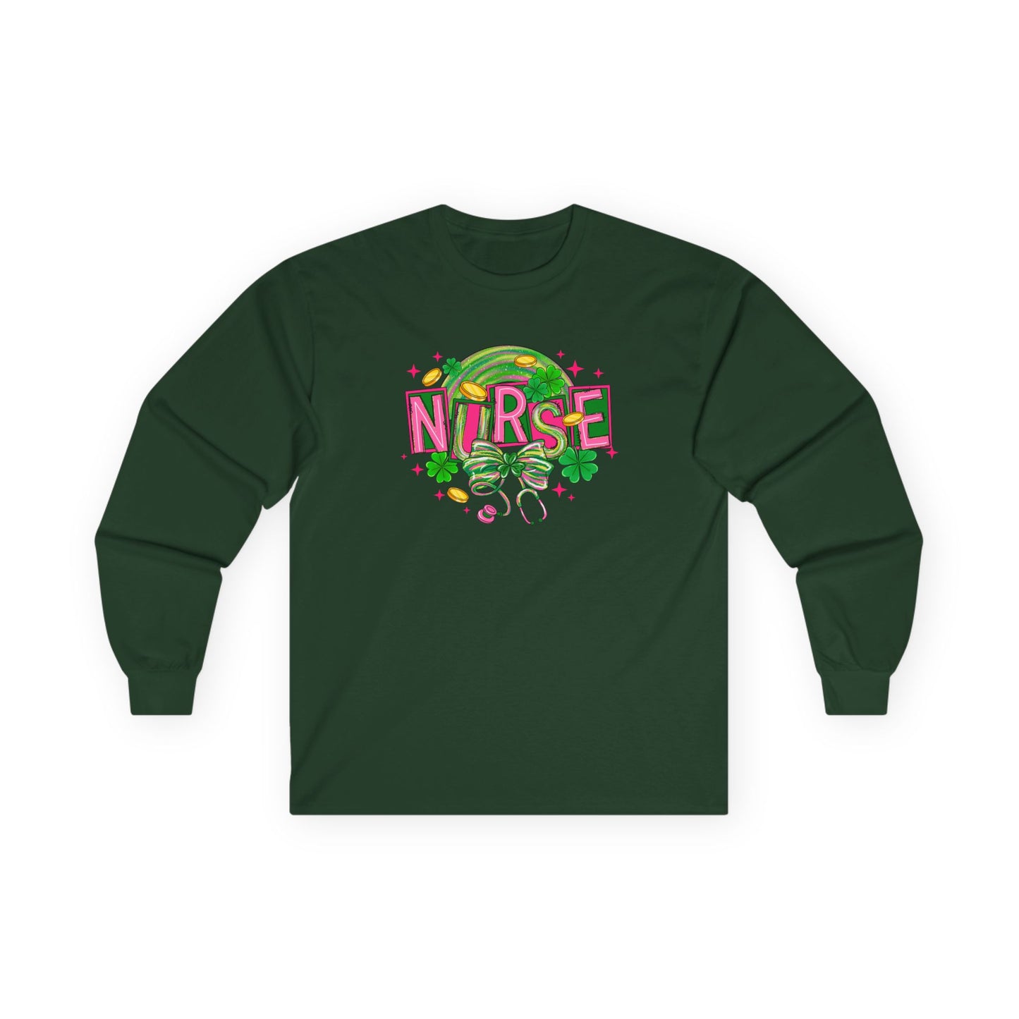 Nurse Stethoscope Graphic Long Sleeve Tee — Cute Green & Pink Healthcare Shirt