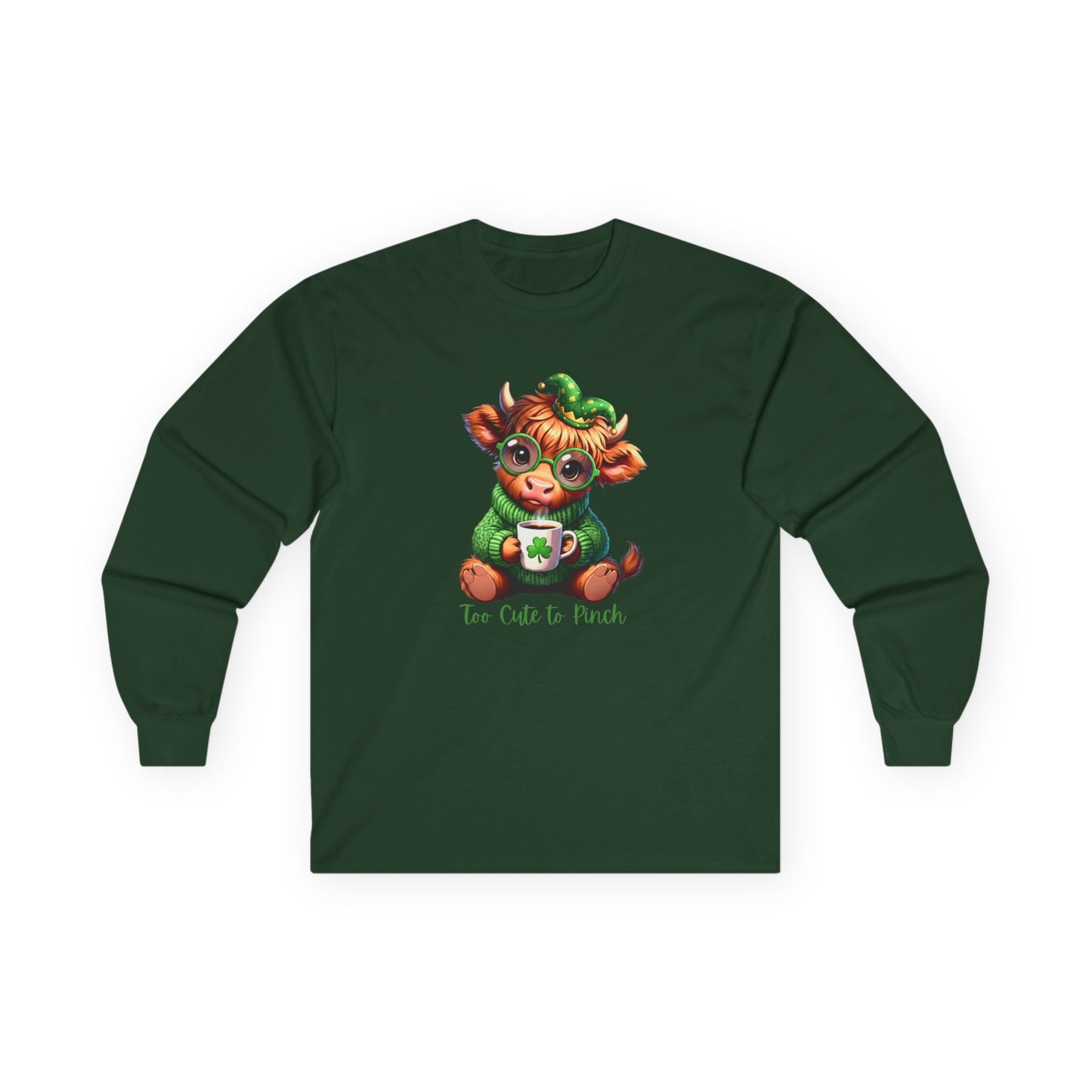 St. Patrick's Cozy Cow Long Sleeve Tee — 'Too Cute to Pinch'