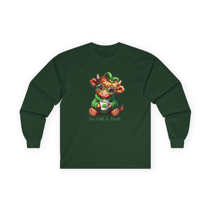 St. Patrick's Cozy Cow Long Sleeve Tee — 'Too Cute to Pinch'