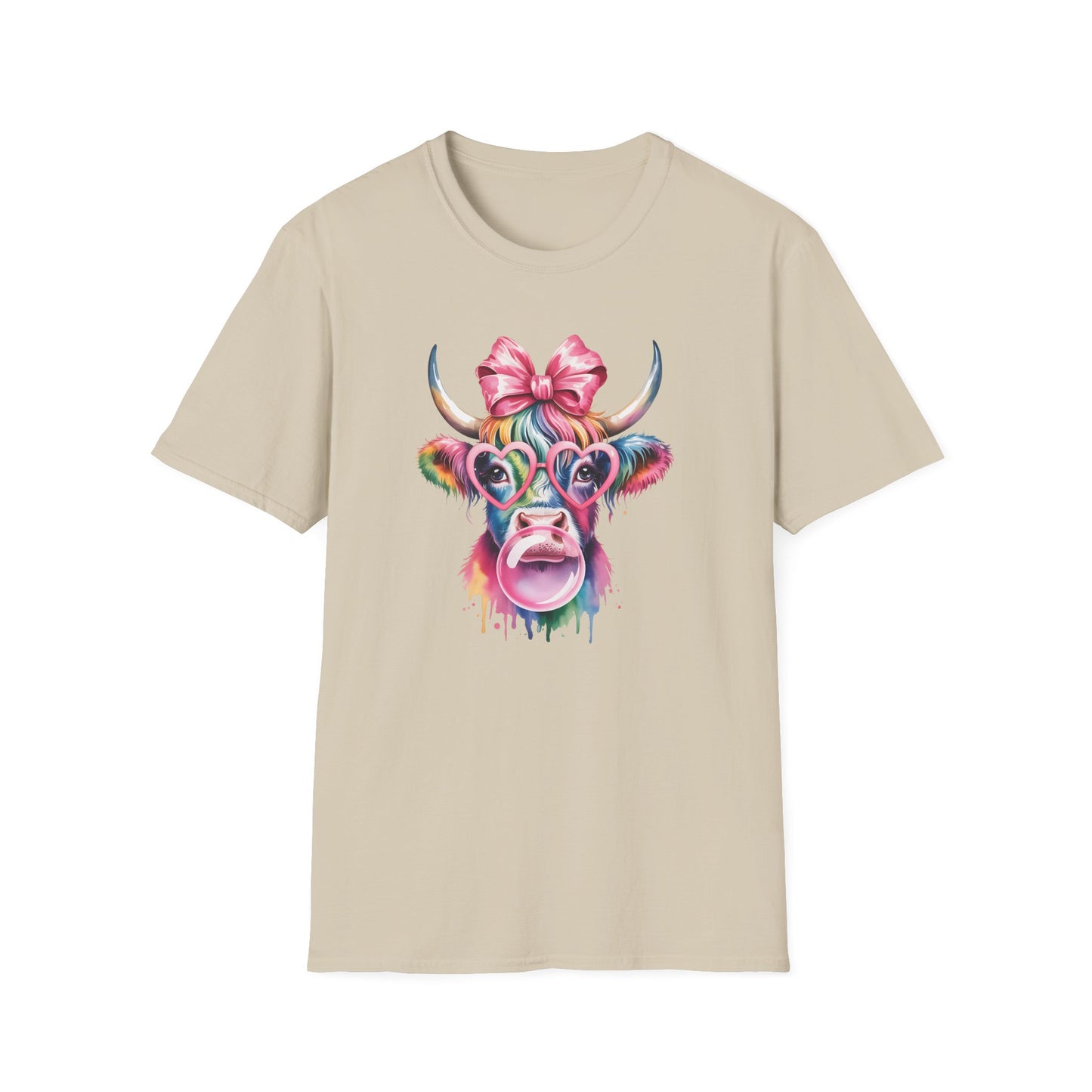 Cute Rainbow Highland Cow T-Shirt – Pink Coquette Bow Cow Graphic Tee, Funny Bubblegum Cow Shirt, Colorful Farm Animal Aesthetic Tee for Women