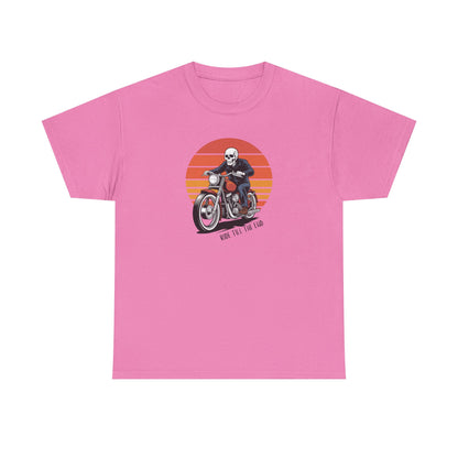 Motorcycle Rider Tee — Retro Sunset Biker Graphic "Ride Fast, Live Free" - Skeleton Biker T-Shirt