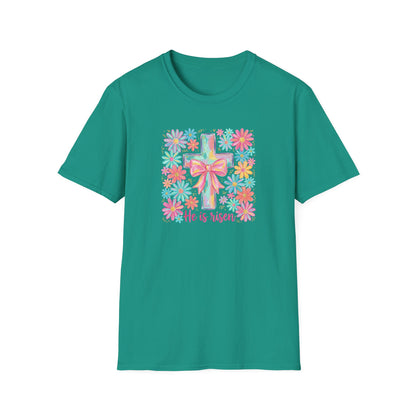 He Is Risen Easter Shirt – Christian Floral Cross Tee, Religious Easter Shirt for Women, Faith Based Spring Christian T-Shirt