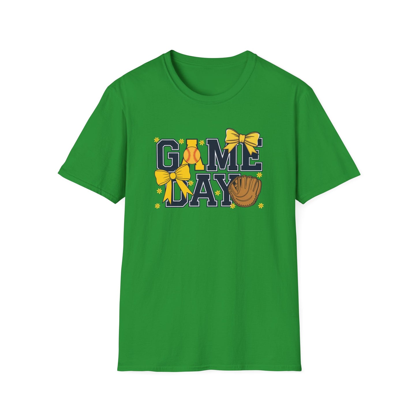 Game Day Softball Bow Shirt – Cute Baseball Mom Tee, Yellow Bow Sports Graphic T-Shirt, Women’s Game Day Outfit, Softball Fan Apparel