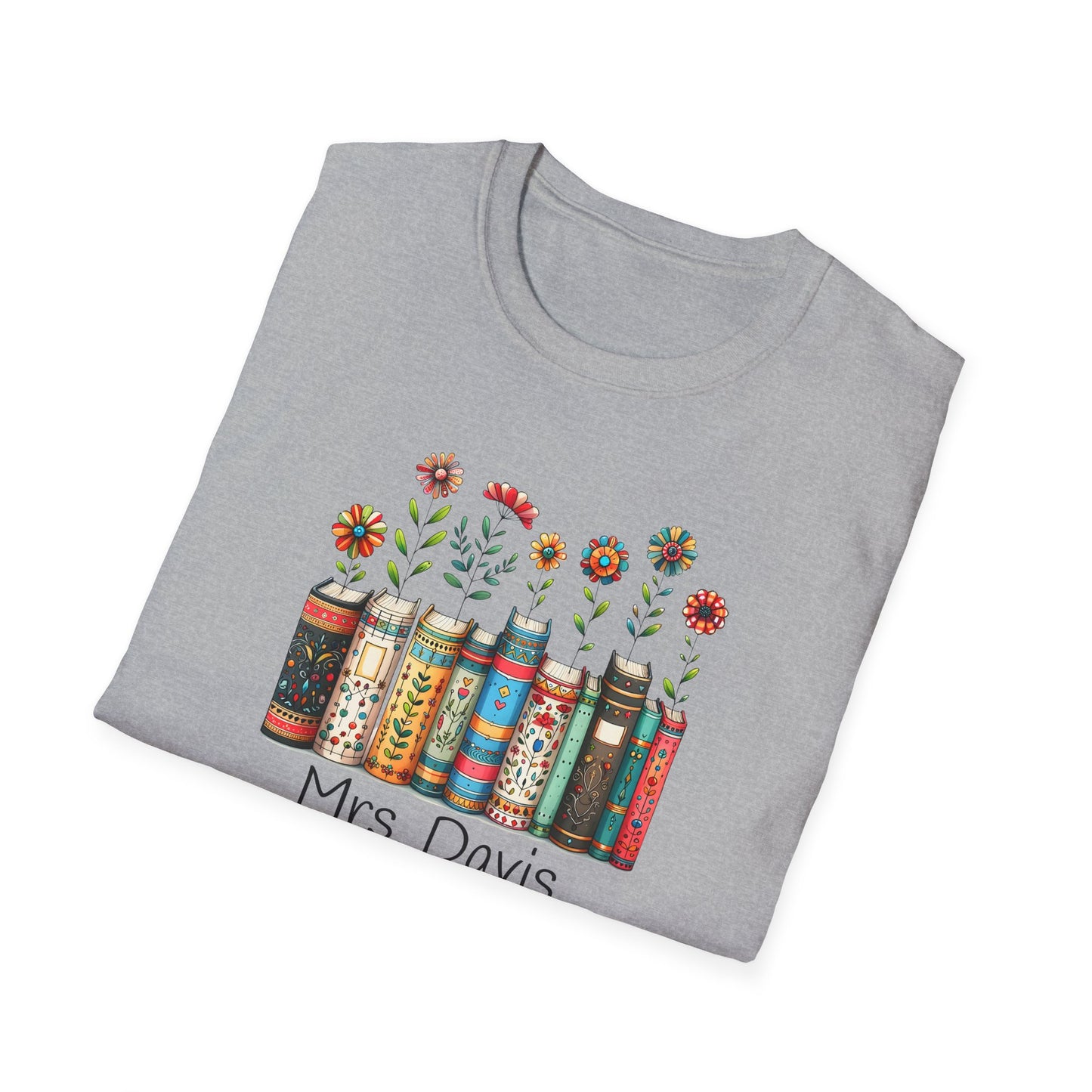 Personalized Floral Book Shirt – Custom Name Book Lover T-Shirt – Teacher & Librarian Gift – Book Stack with Flowers Tee