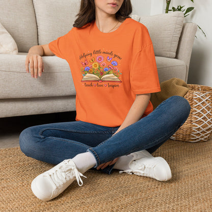 Helping Little Minds Grow Teacher Shirt | Teach Love Inspire Floral Book Tee