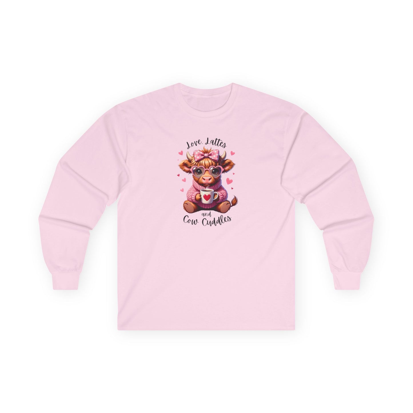 Cow Cuddles Long Sleeve Tee – Cute Cow with Coffee Valentine Shirt