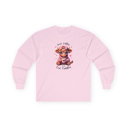 Cow Cuddles Long Sleeve Tee – Cute Cow with Coffee Valentine Shirt