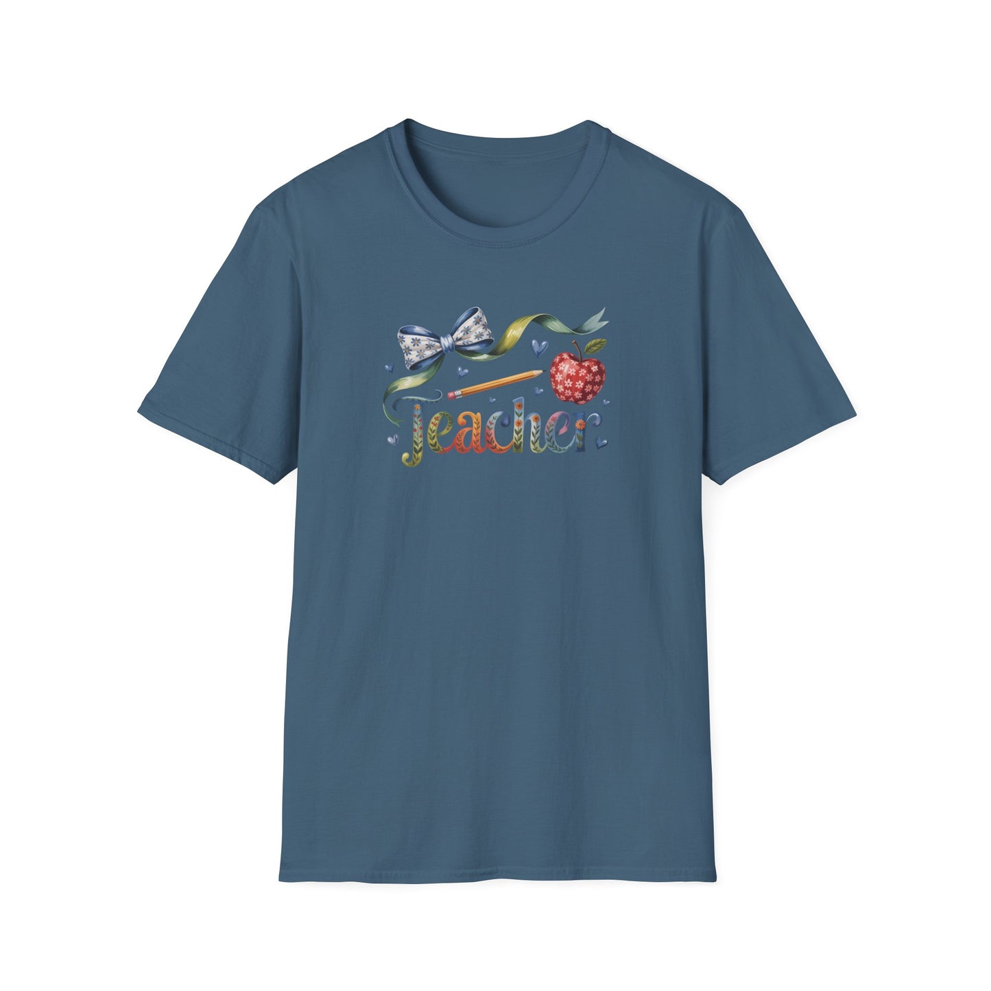 Teacher Floral Bow T-Shirt — Cute Apple & Script Teacher Shirt for Educators