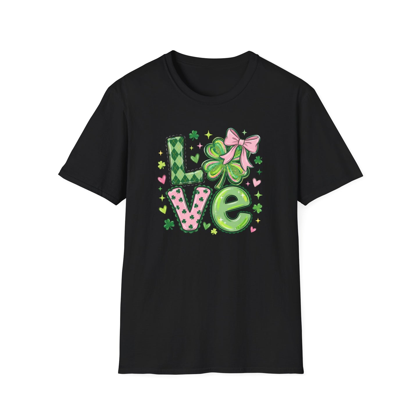 St. Patrick’s Day Love Shirt – Cute Shamrock Bow Graphic Tee, Pink & Green Clover Love Design, Lucky Irish Coquette Style Shirt