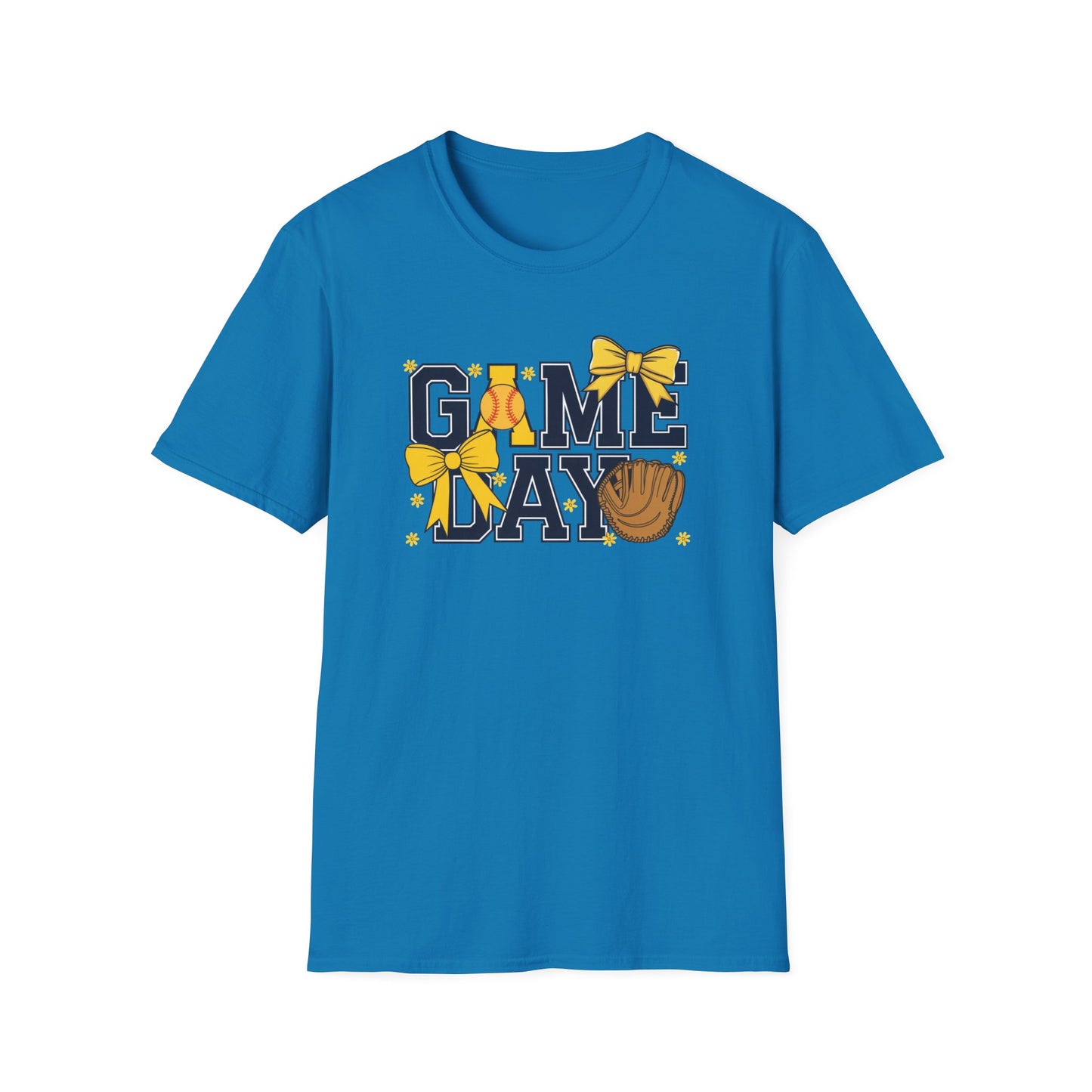 Game Day Softball Bow Shirt – Cute Baseball Mom Tee, Yellow Bow Sports Graphic T-Shirt, Women’s Game Day Outfit, Softball Fan Apparel