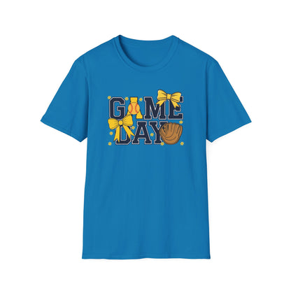 Game Day Softball Bow Shirt – Cute Baseball Mom Tee, Yellow Bow Sports Graphic T-Shirt, Women’s Game Day Outfit, Softball Fan Apparel