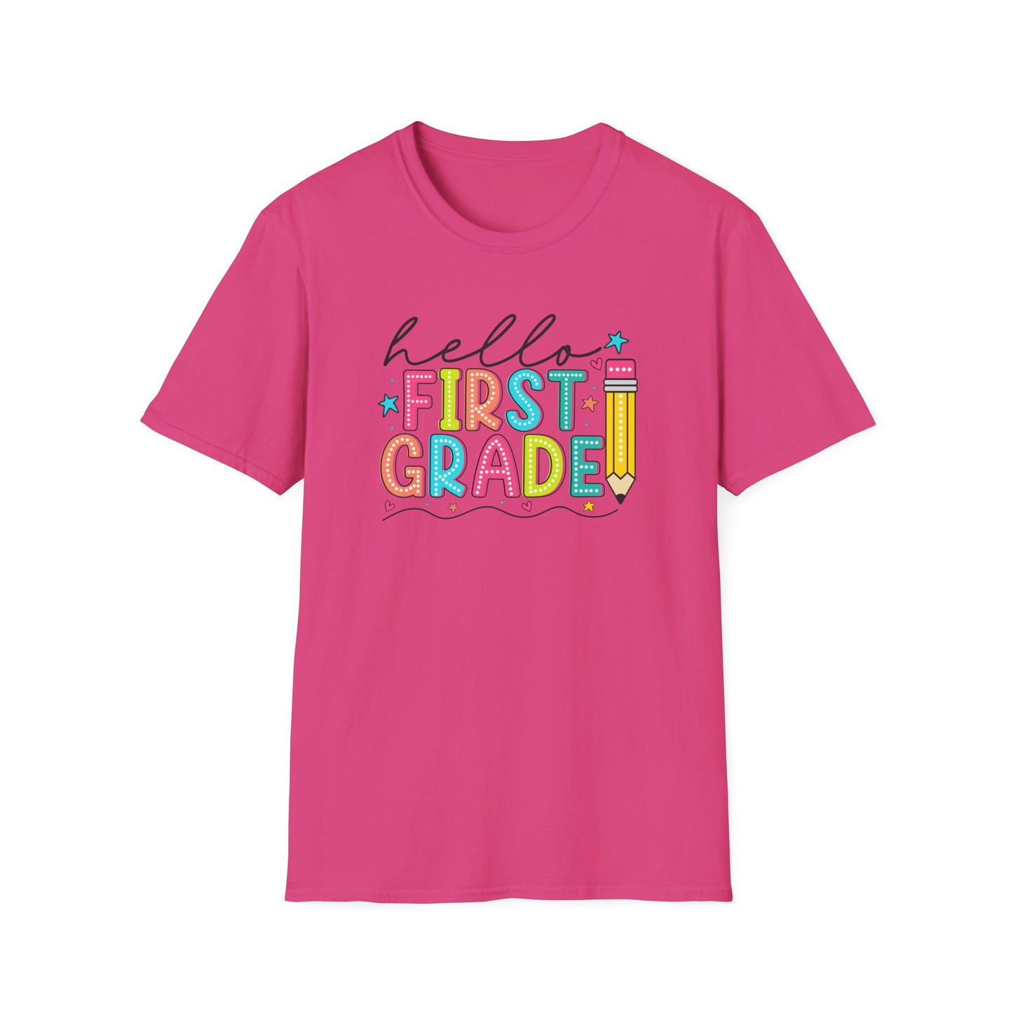 Hello First Grade Pencil T-Shirt — Colorful Back-to-School Cute School Spirit Tee