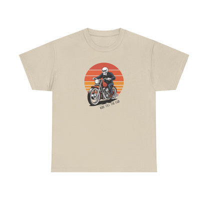 Motorcycle Rider Tee — Retro Sunset Biker Graphic "Ride Fast, Live Free" - Skeleton Biker T-Shirt