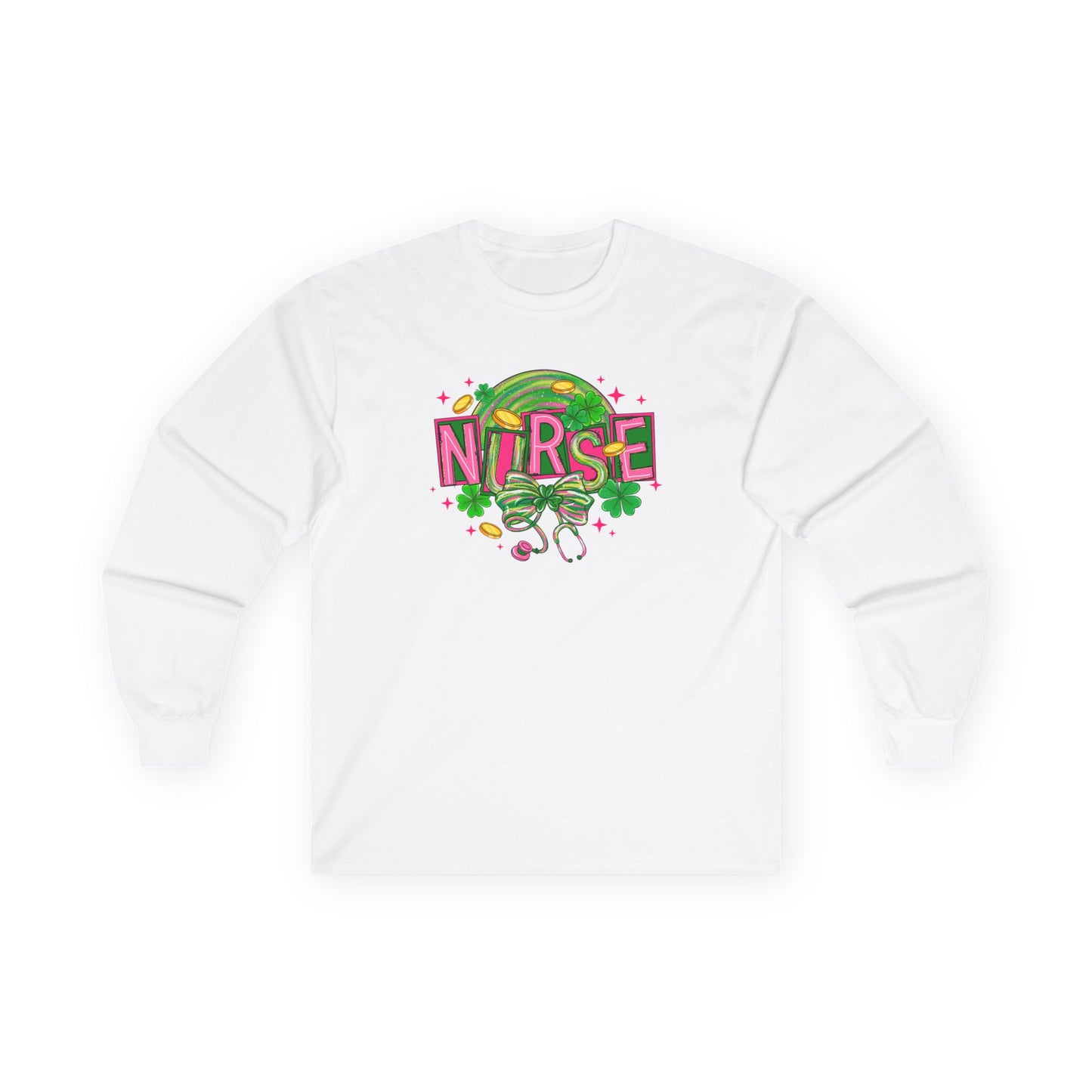 Nurse Stethoscope Graphic Long Sleeve Tee — Cute Green & Pink Healthcare Shirt