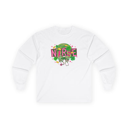 Nurse Stethoscope Graphic Long Sleeve Tee — Cute Green & Pink Healthcare Shirt