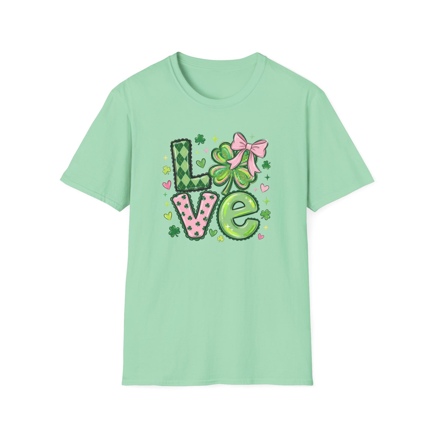 St. Patrick’s Day Love Shirt – Cute Shamrock Bow Graphic Tee, Pink & Green Clover Love Design, Lucky Irish Coquette Style Shirt