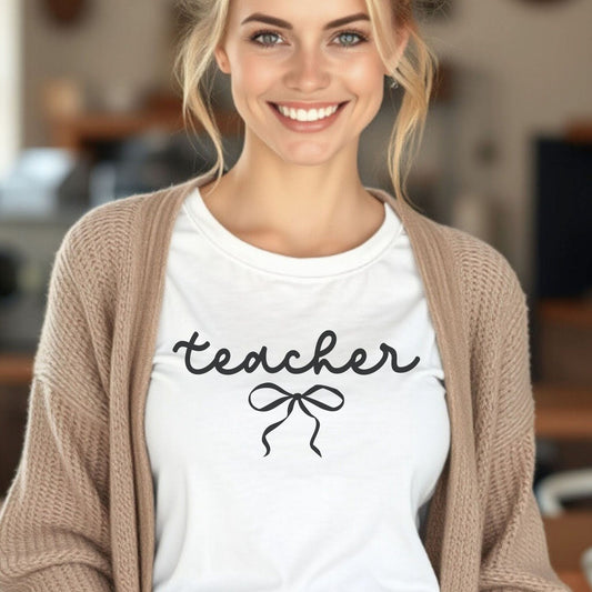 Teacher Script Tee - Teacher Bow Graphic Tee | Cute Teacher Shirt