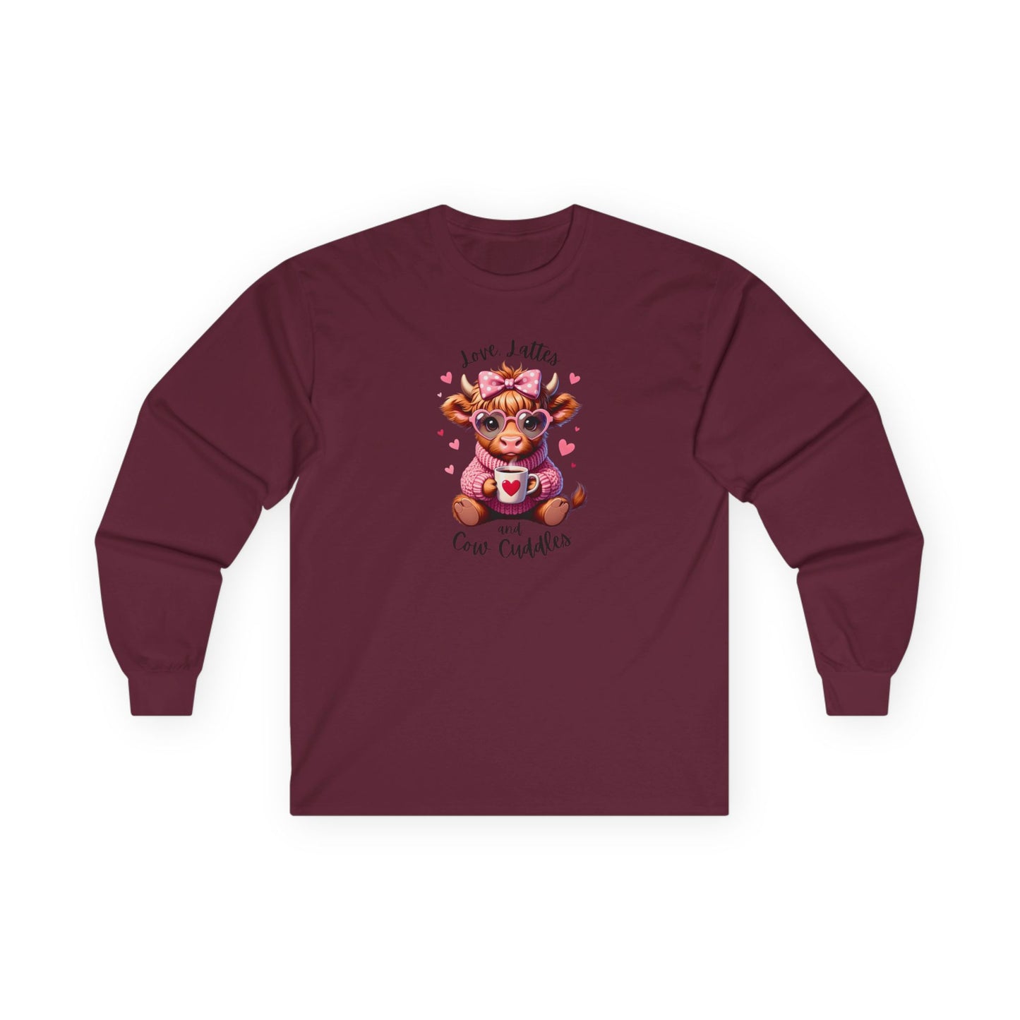 Cow Cuddles Long Sleeve Tee – Cute Cow with Coffee Valentine Shirt