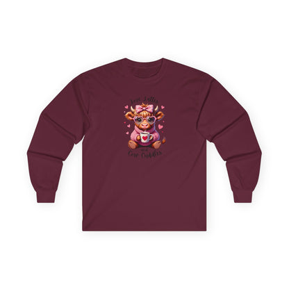 Cow Cuddles Long Sleeve Tee – Cute Cow with Coffee Valentine Shirt