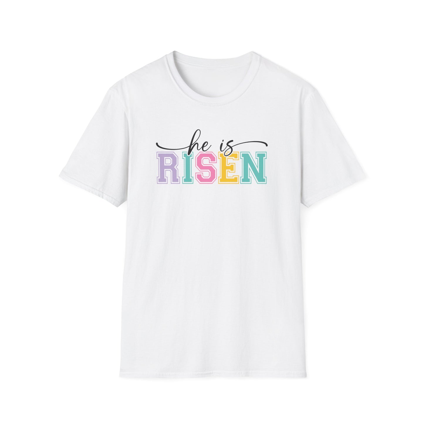 He Is Risen Christian Easter T-Shirt – Faith Based Front & Back Graphic Tee, Religious Resurrection Shirt, Pastel Easter Church Outfit for Women