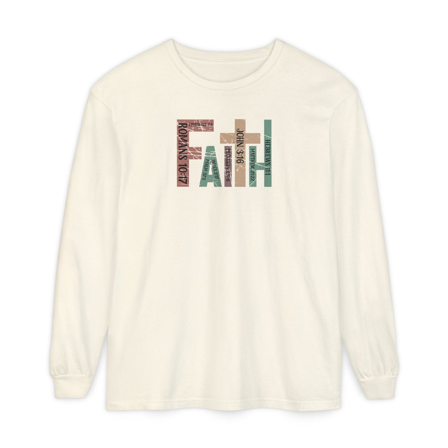 Faith Cross Long Sleeve Tee — Christian Scripture Romans 10:17 Shirt