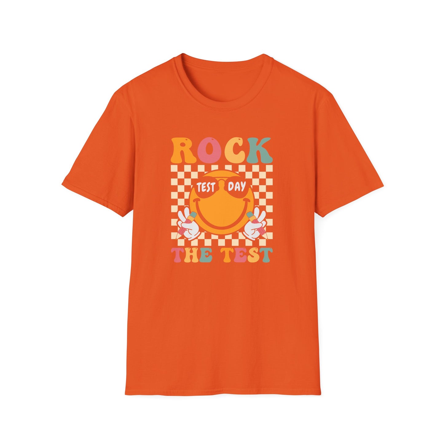 Rock The Test T-Shirt — Retro Smiley Motivation Tee for Students & Teachers