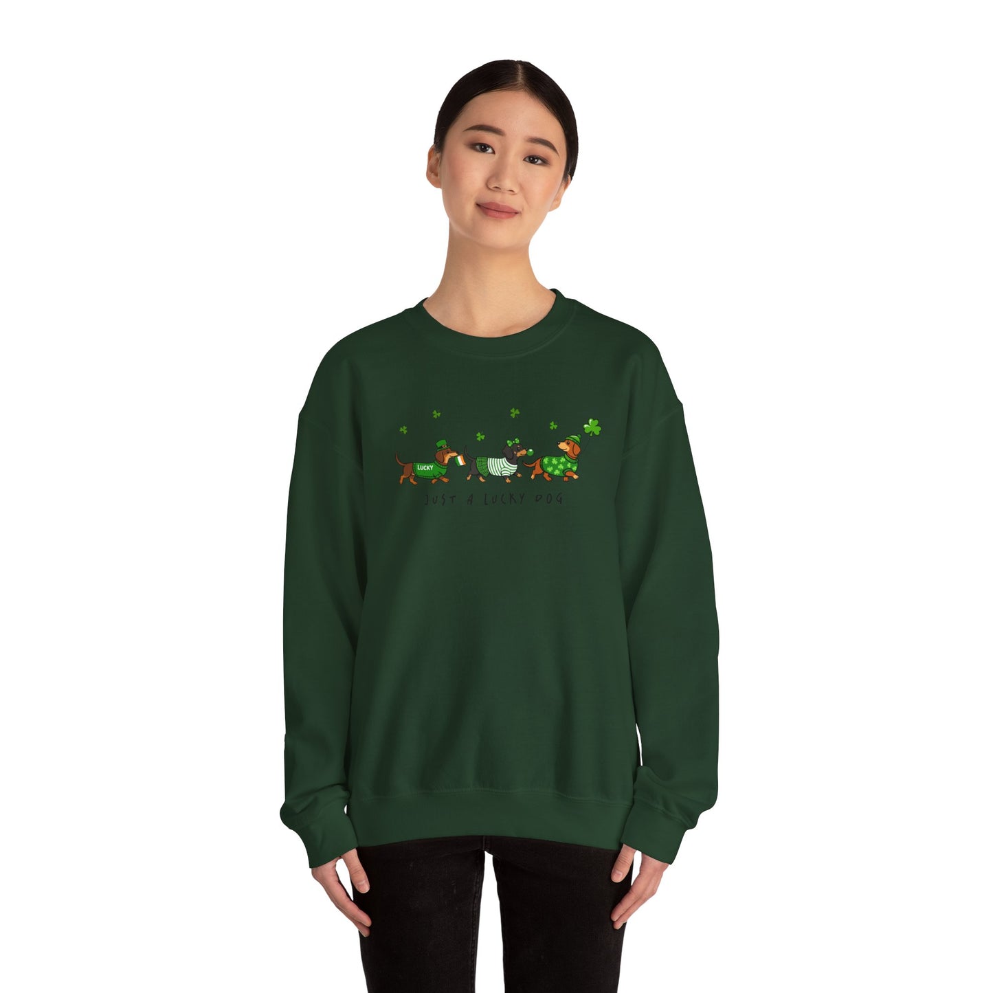 St. Patrick’s Day Dachshund Sweatshirt – “Just a Lucky Dog” Crewneck