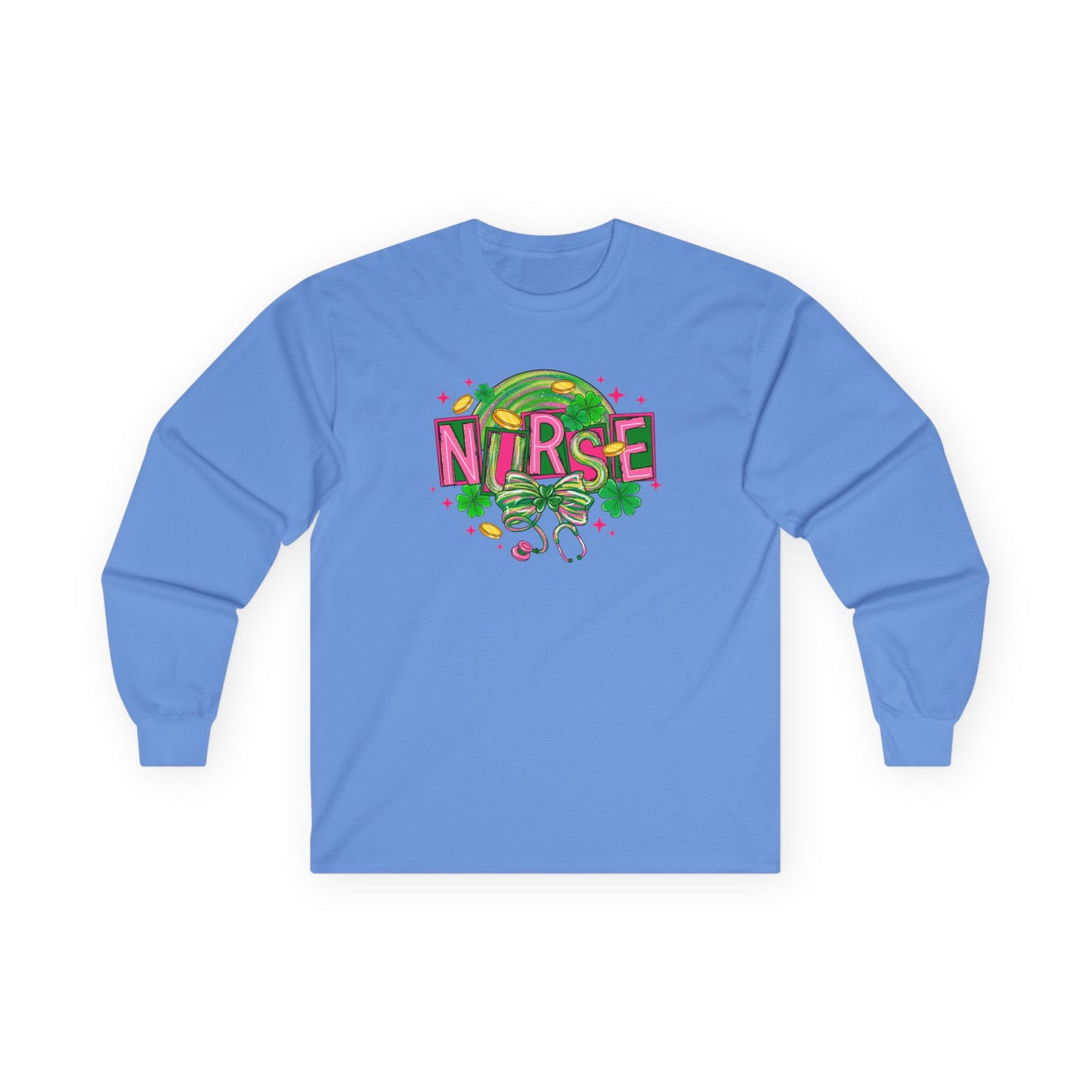 Nurse Stethoscope Graphic Long Sleeve Tee — Cute Green & Pink Healthcare Shirt
