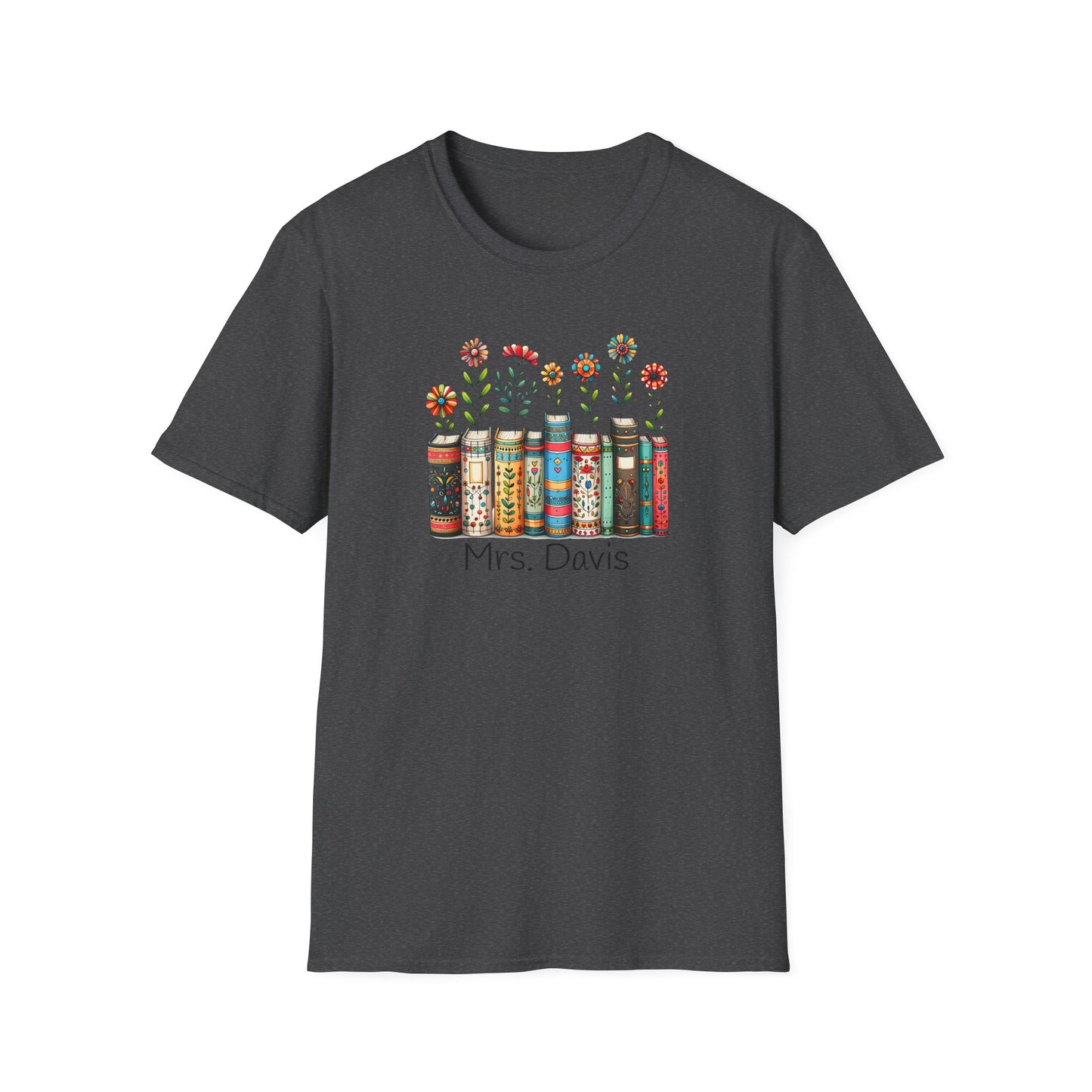 Personalized Floral Book Shirt – Custom Name Book Lover T-Shirt – Teacher & Librarian Gift – Book Stack with Flowers Tee
