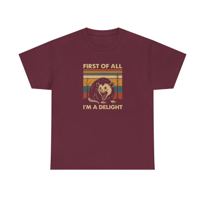"First of All I'm a Delight" Vintage Graphic T-Shirt - Funny Retro Opossum Tee