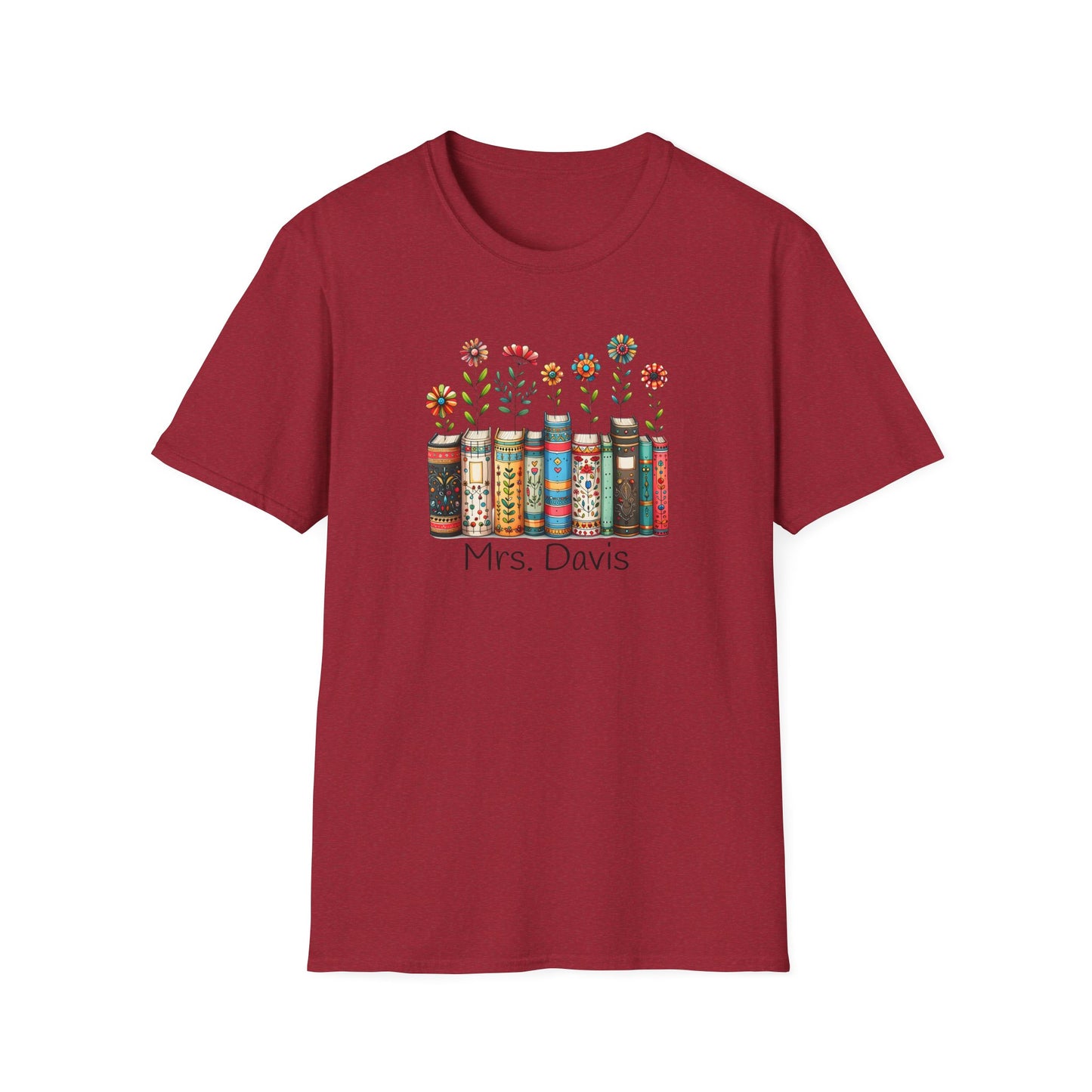 Personalized Floral Book Shirt – Custom Name Book Lover T-Shirt – Teacher & Librarian Gift – Book Stack with Flowers Tee