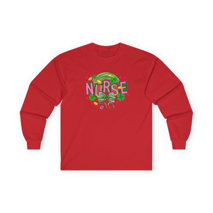Nurse Stethoscope Graphic Long Sleeve Tee — Cute Green & Pink Healthcare Shirt