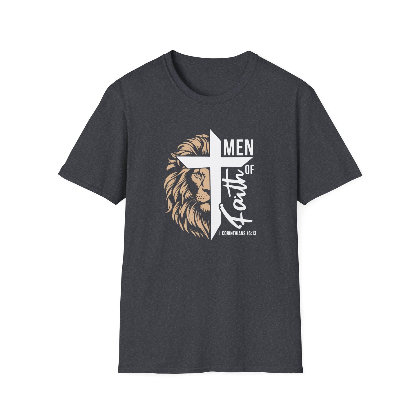 Men of Faith T-Shirt with Lion & Cross – Christian Men’s Faith Tee (Hebrews 11:1)