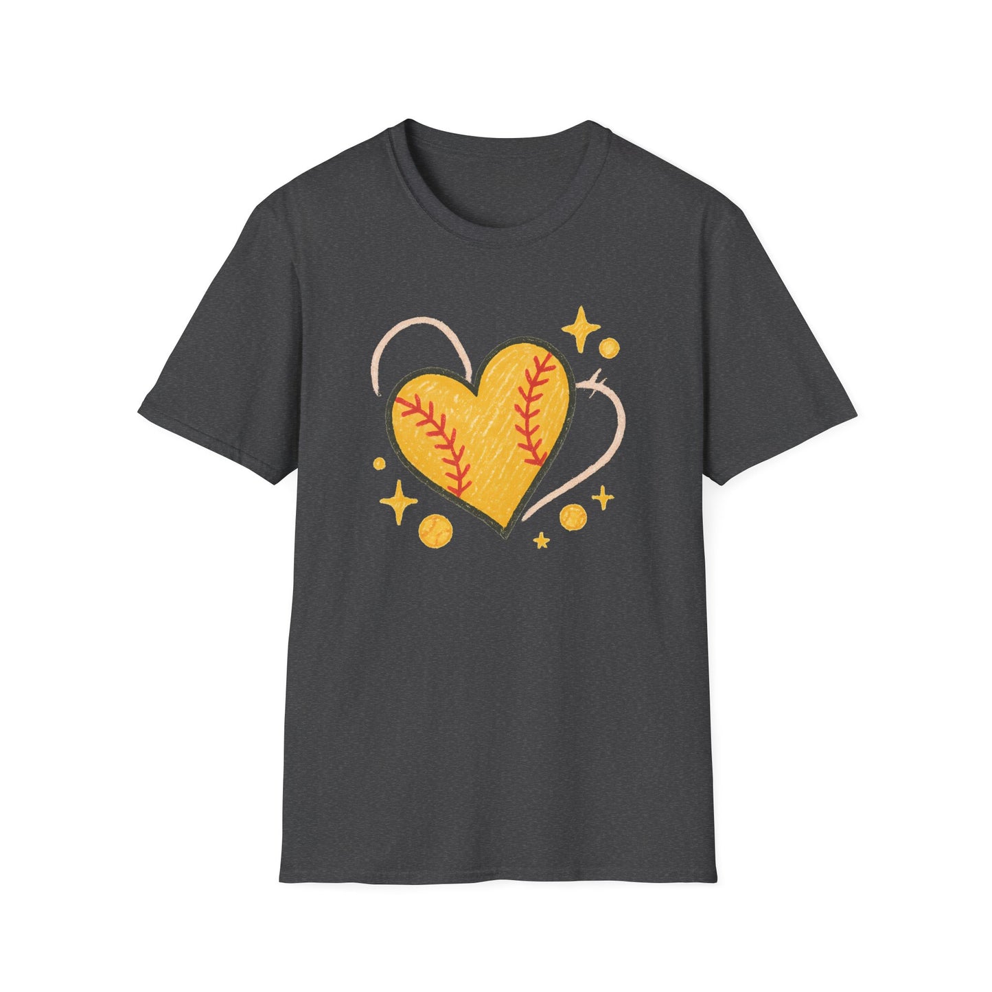 Softball Heart Shirt – Cute Softball Love Graphic Tee, Yellow Softball Heart Design, Softball Mom Gift, Fast Pitch Softball Apparel
