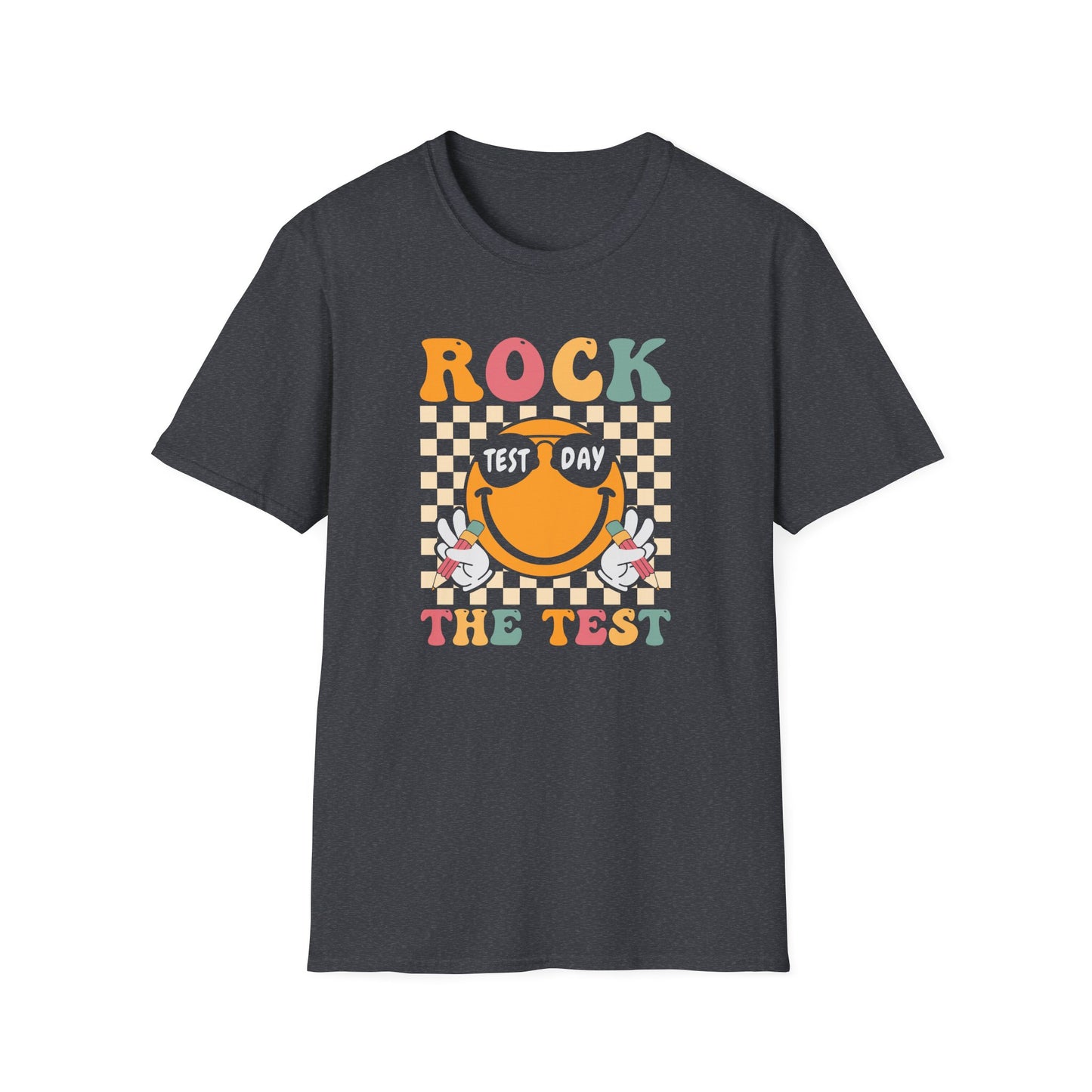 Rock The Test T-Shirt — Retro Smiley Motivation Tee for Students & Teachers