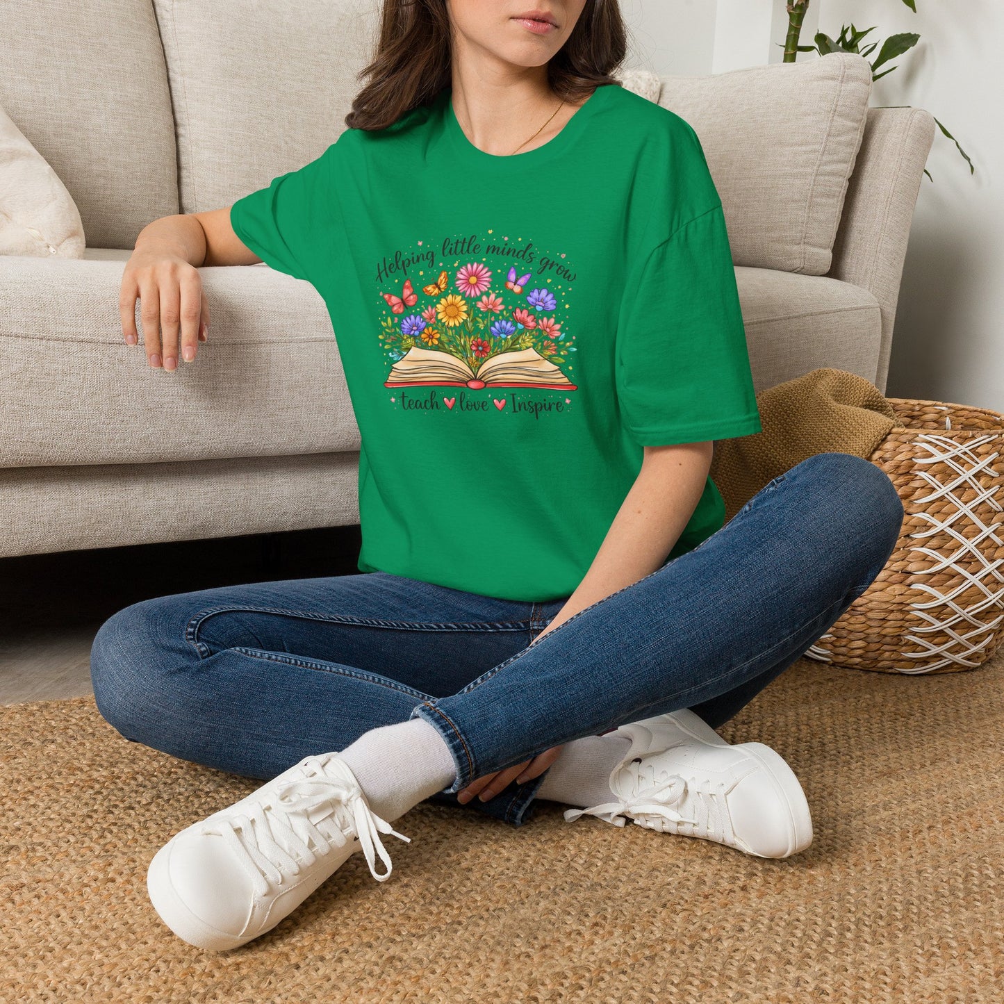 Helping Little Minds Grow Teacher Shirt | Teach Love Inspire Floral Book Tee