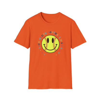 Loud Mouth Softball Mama Shirt – Retro Smiley Softball Graphic Tee, Funny Softball Mom Shirt, Vintage Game Day Apparel