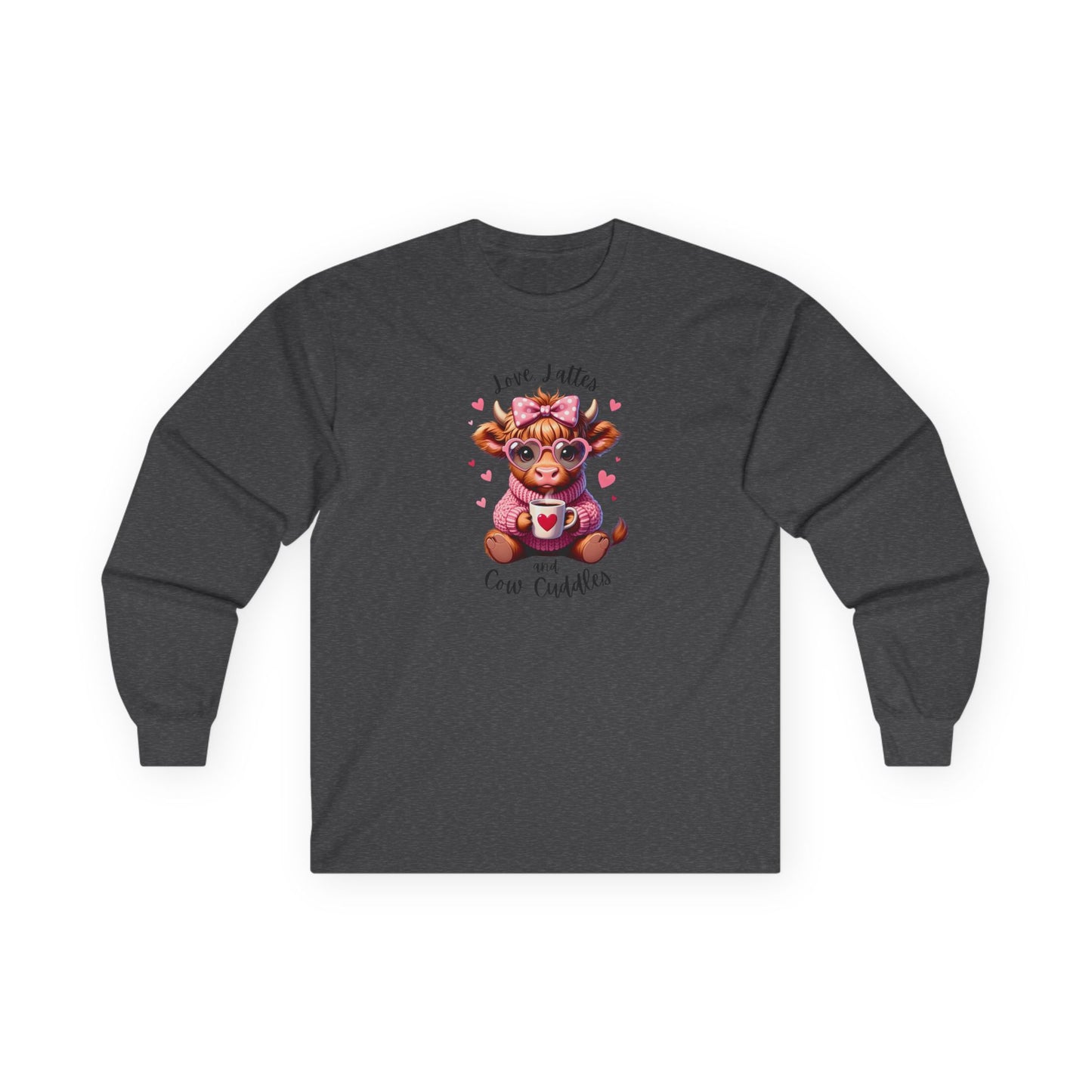 Cow Cuddles Long Sleeve Tee – Cute Cow with Coffee Valentine Shirt