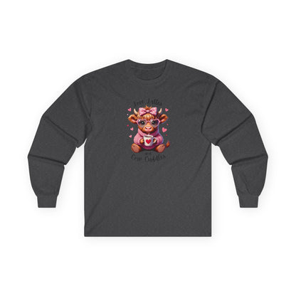 Cow Cuddles Long Sleeve Tee – Cute Cow with Coffee Valentine Shirt