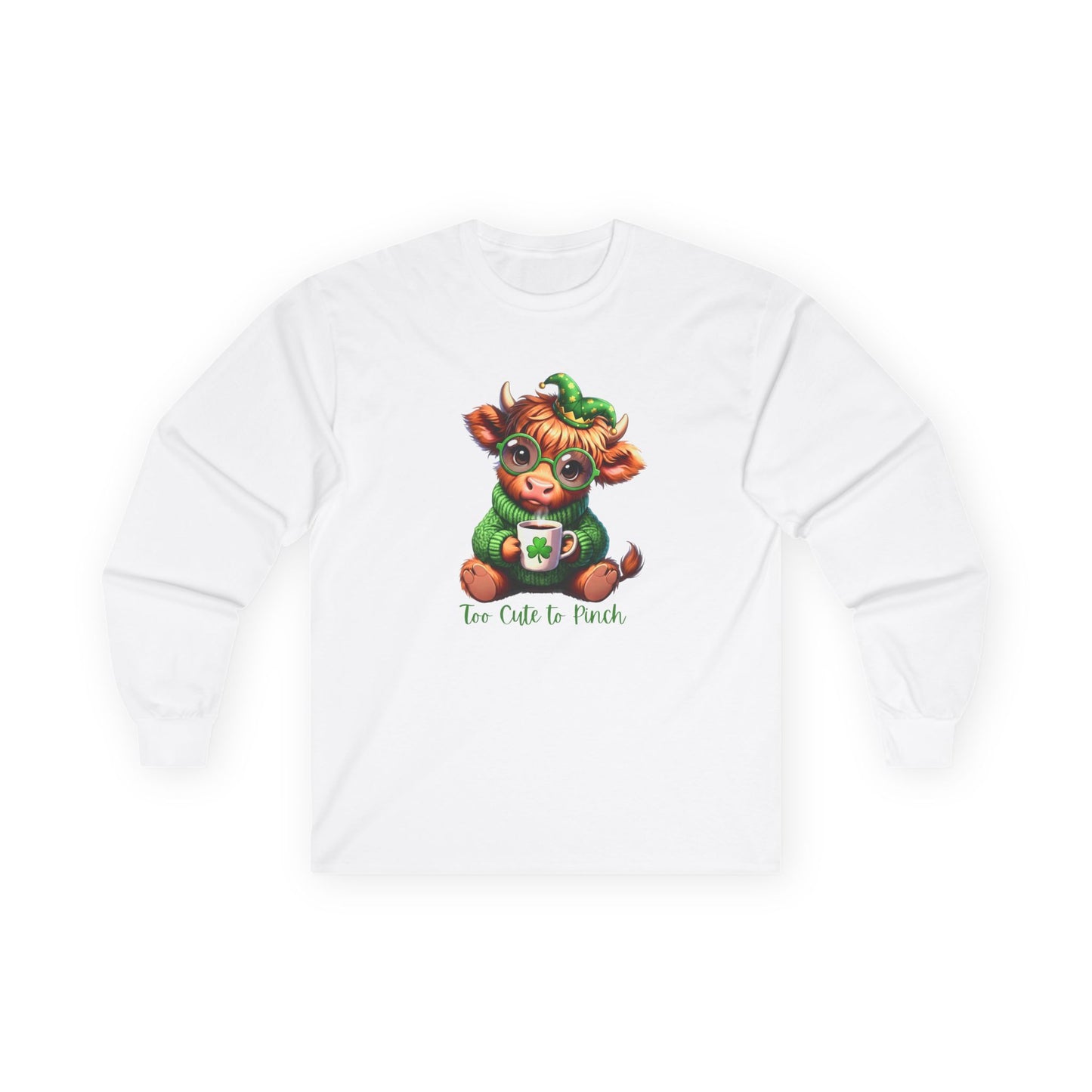 St. Patrick's Cozy Cow Long Sleeve Tee — 'Too Cute to Pinch'