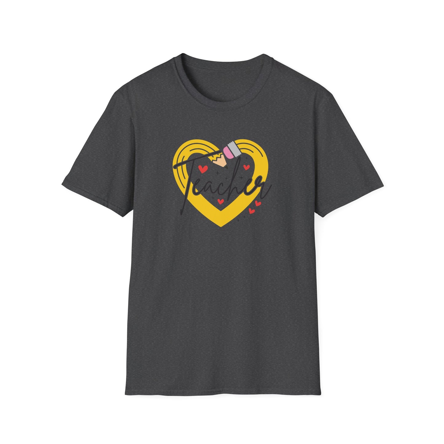 Teacher Heart Graphic T‑Shirt — Cute Yellow Heart, Pencil & 'Teacher' Script