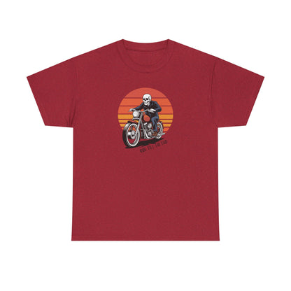 Motorcycle Rider Tee — Retro Sunset Biker Graphic "Ride Fast, Live Free" - Skeleton Biker T-Shirt