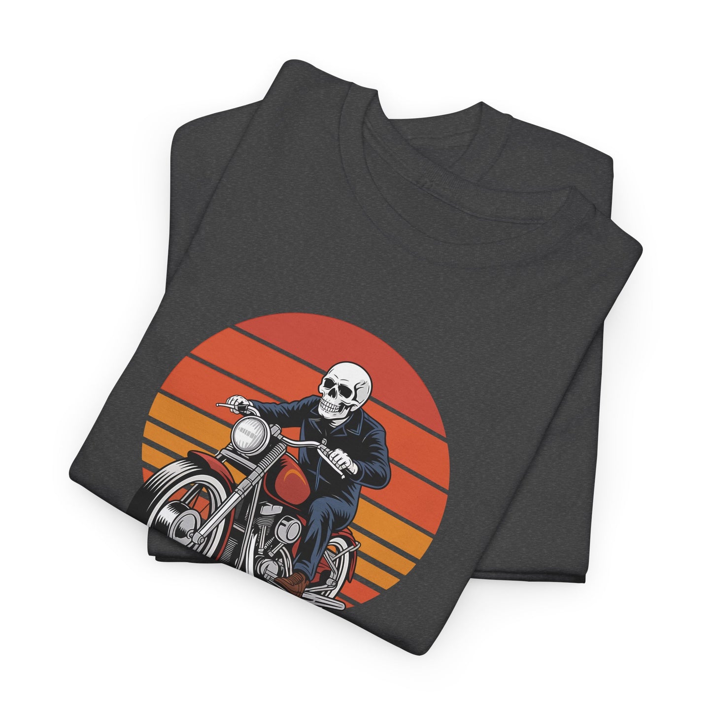 Motorcycle Rider Tee — Retro Sunset Biker Graphic "Ride Fast, Live Free" - Skeleton Biker T-Shirt