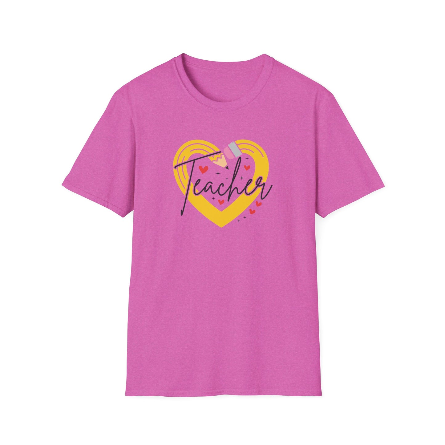 Teacher Heart Graphic T‑Shirt — Cute Yellow Heart, Pencil & 'Teacher' Script