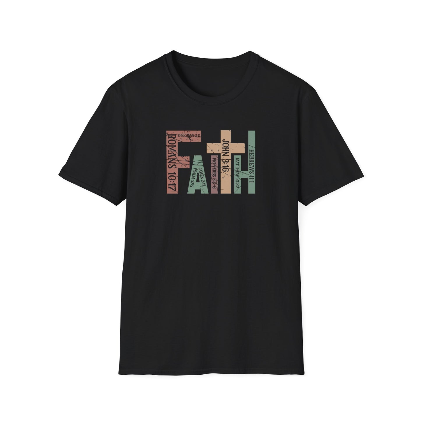 Faith Graphic T-Shirt — "Faith" with Cross & Bible Verse (Romans 10:17 / John 3:16)