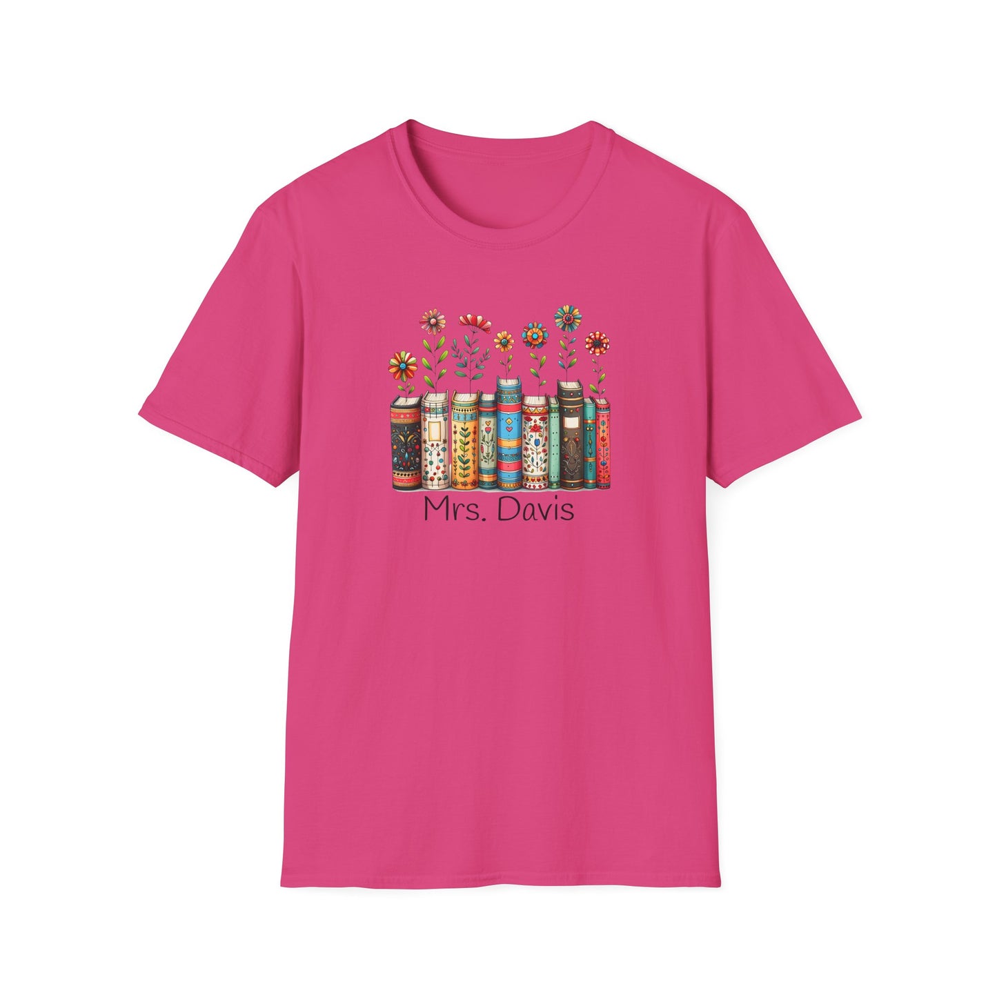 Personalized Floral Book Shirt – Custom Name Book Lover T-Shirt – Teacher & Librarian Gift – Book Stack with Flowers Tee
